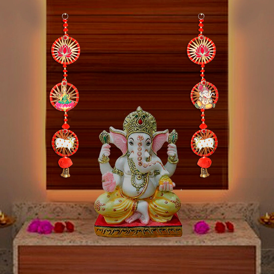 Auspicious Pom Pom Lotus Laxmi Ganesh Cow Side Wall Hangings