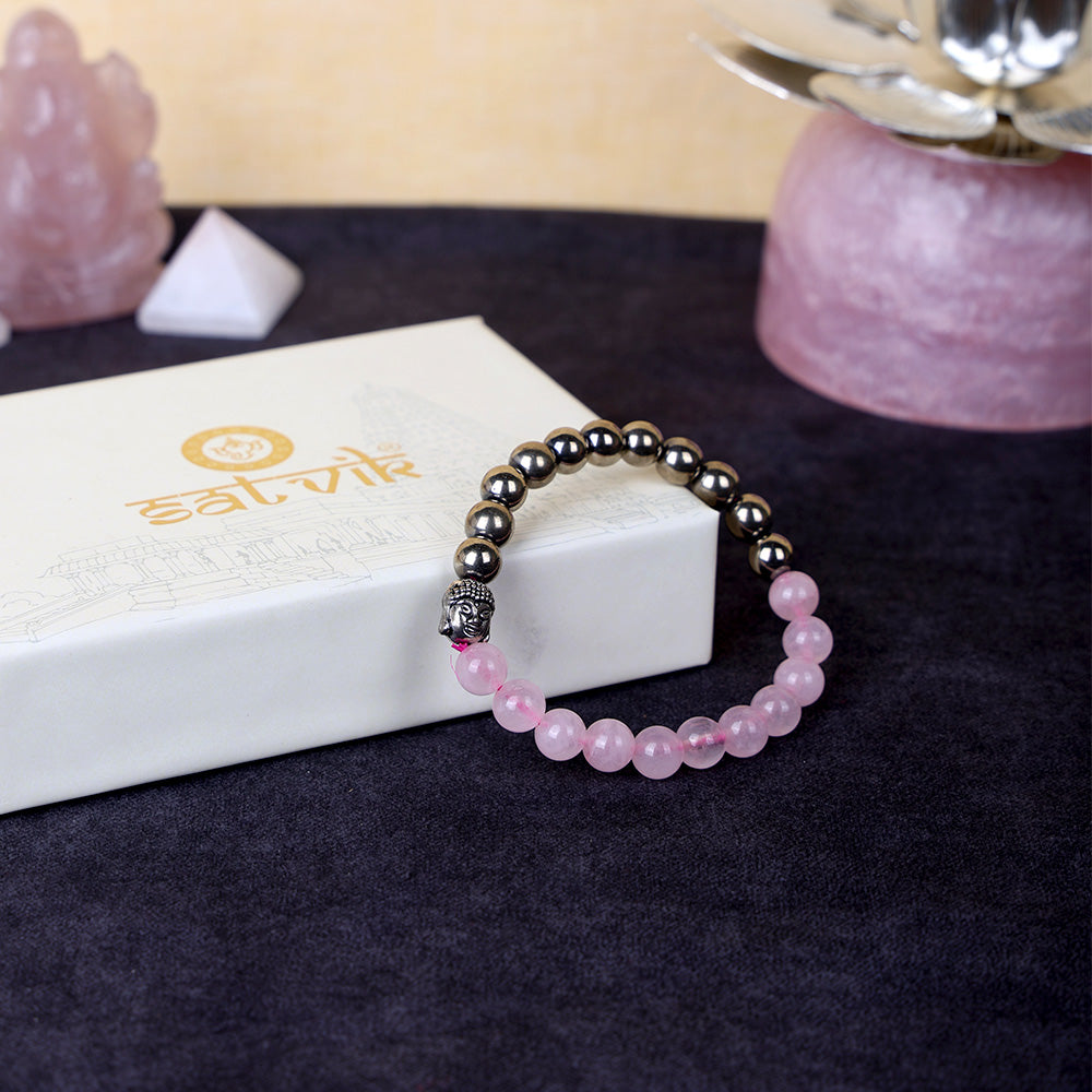 Rose Quartz Buddha & Golden Pyrite Bracelet With Selenite Zodiac Plate Combo