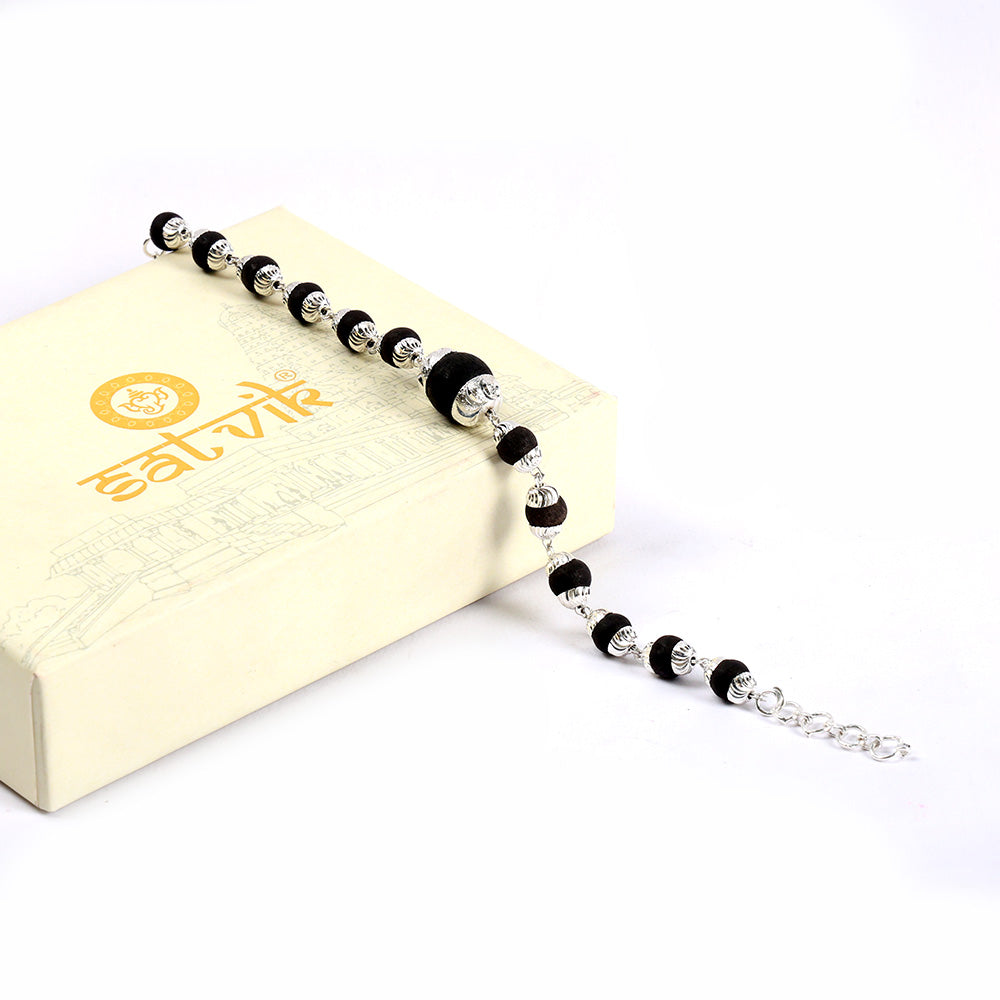 8mm Silver Plated Karungali Bracelet with Big Bead Govt Certified