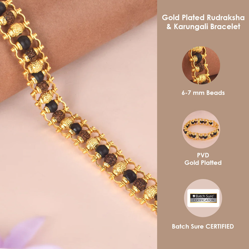 PVD Gold Platted Rudraksha & Karungali Bracelet