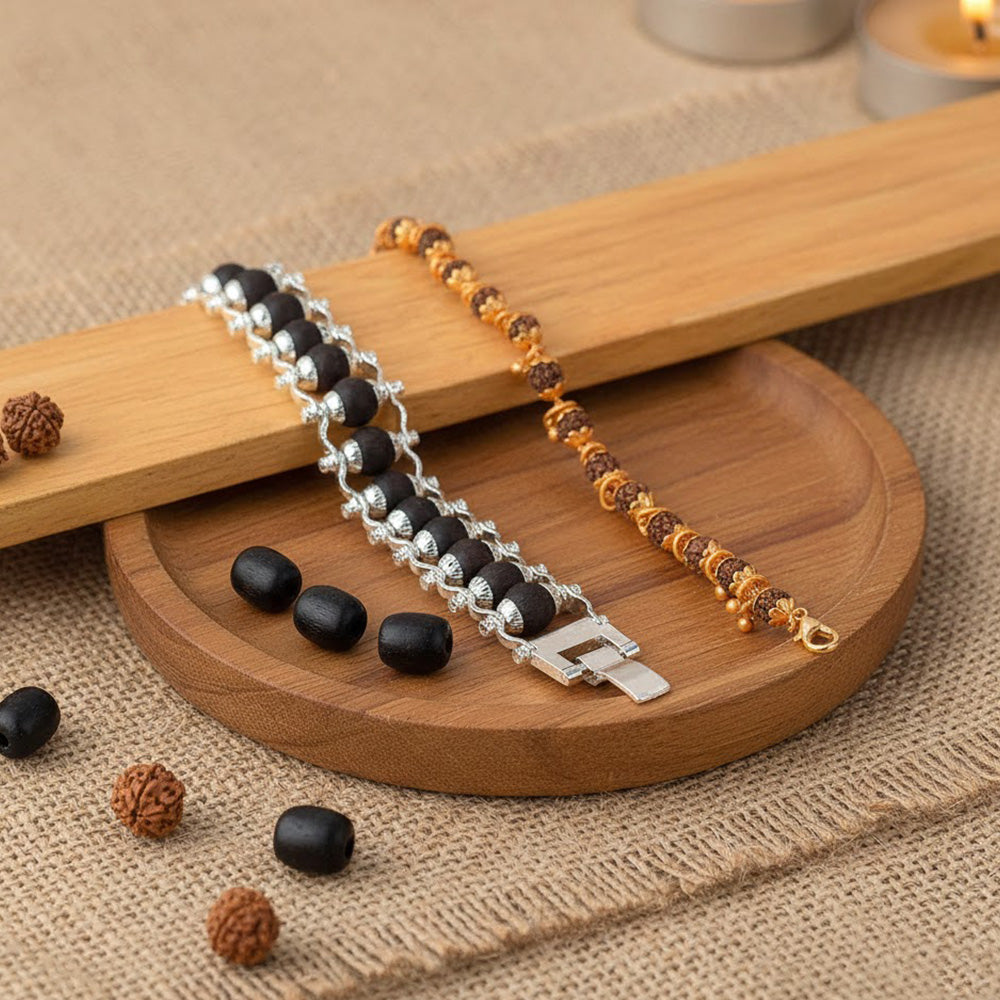 Combo of Silver Plated Karungali Bracelet & Gold Plated Rudraksha Bracelet with Premium PVD Coating β Sacred Spiritual Jewelry. Indiaβs Largest Pooja Accessories Brand - www.satvikstore.in