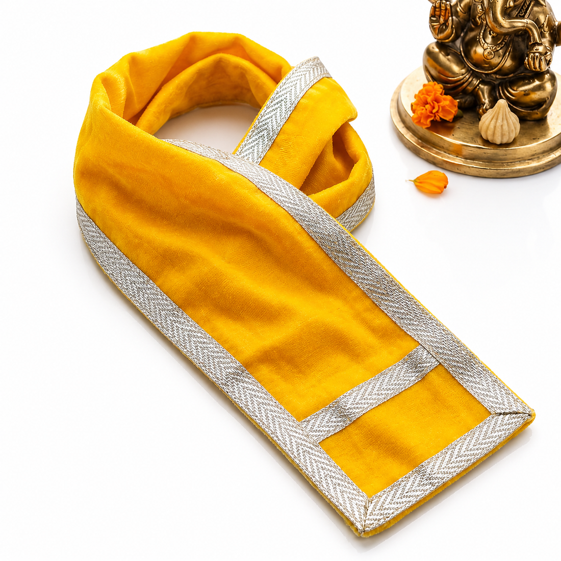 Yellow Velvet Ganpati Idol Patka with Silver Border