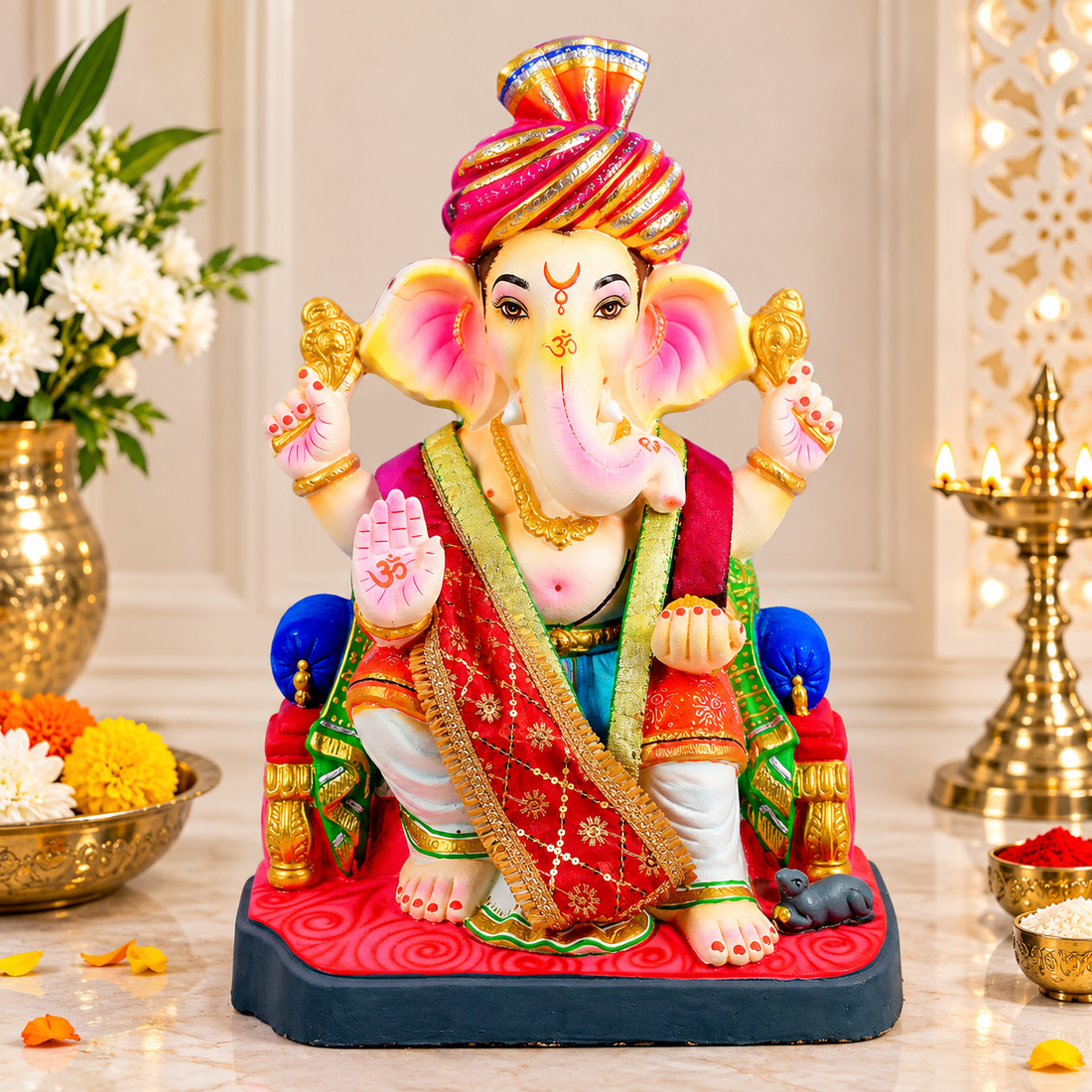 Red & Gold Embroidered Ganpati Idol Patka - 35 Inch
