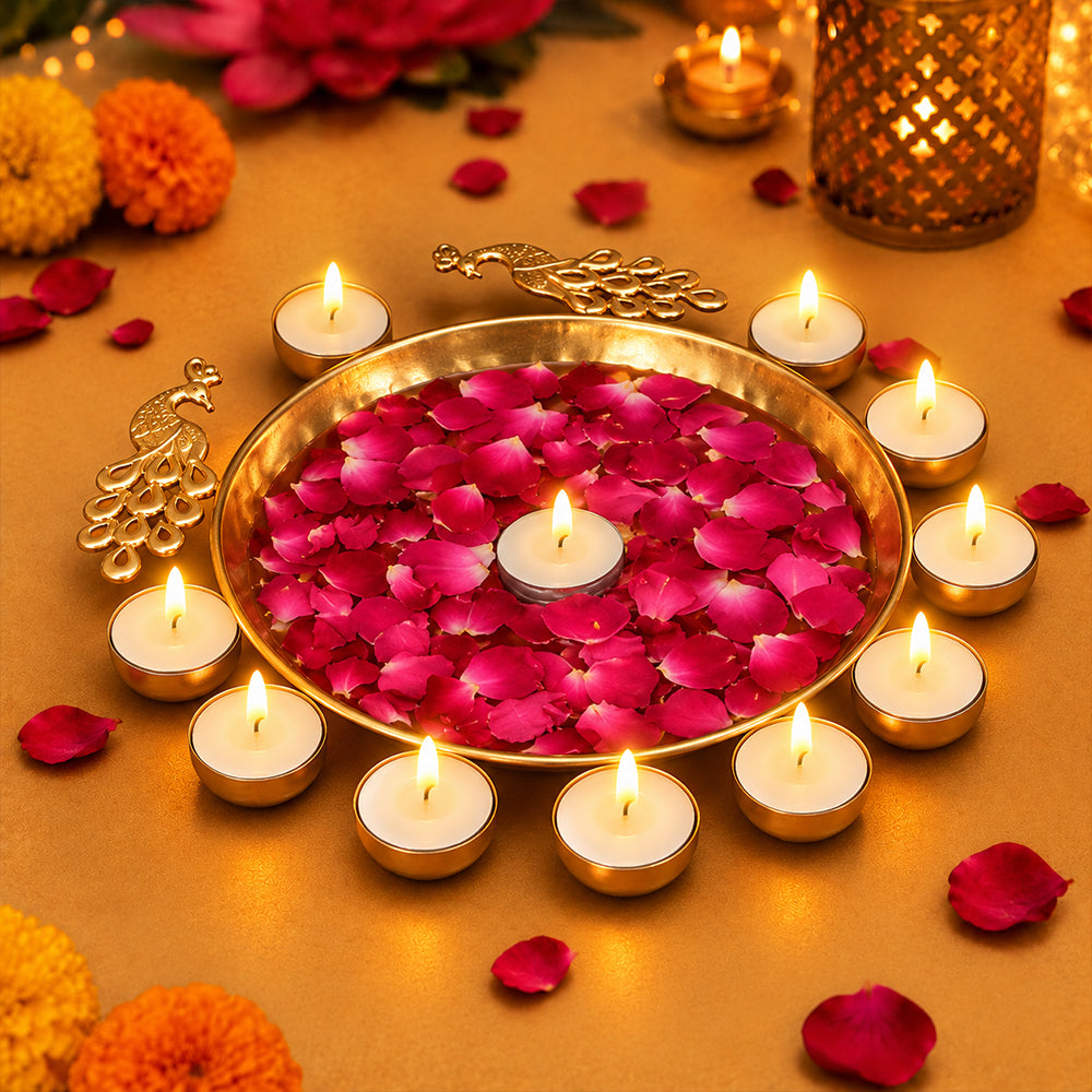 Decorative Brass Peacock Flower Urli with Tea Light