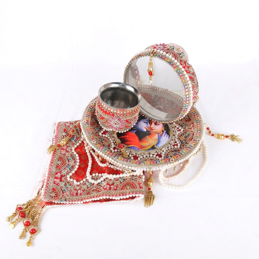 11 Pc Decorative Red Embroidery Karwa Chauth Thali Set