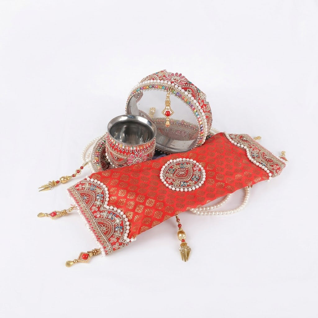 11 Pc Decorative Red Embroidery Karwa Chauth Thali Set