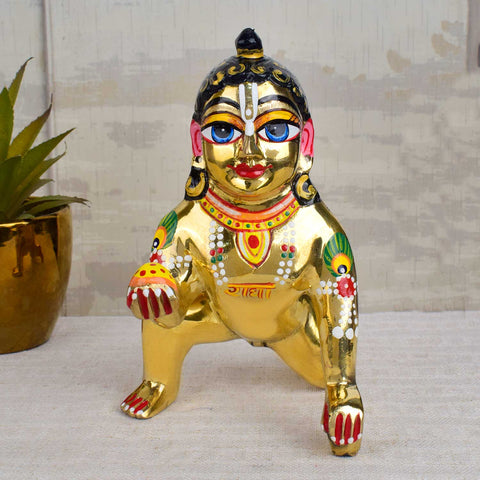 Brass Bal Gopal Idol (Size 9) depicting Laddu Gopal in a playful pose for home temple worship. Indiaβs Largest Pooja Accessories Brand - www.satvikstore.in