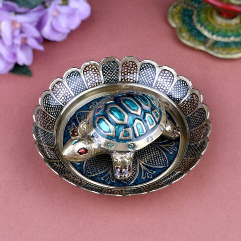 Brass Colored Turtle with Nakashi Plate/Tray (Blue) β A harmonious blend of blue energy and traditional art, bringing prosperity and protection to your space. Indiaβs Largest Pooja Accessories Brand β www.satvikstore.in