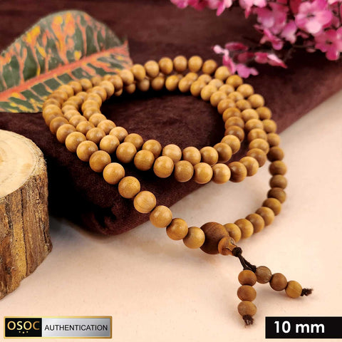 Certified 10mm 100% original authentic Mysore white sandalwood (Chandan) jap mala, crafted with smooth round beads for meditation, prayer, and spiritual practices.Indiaβs Premium Jap Mala Store - www.satvikstore.in