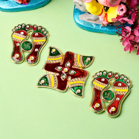 Charanpaduka with Swastik Sticker Ensemble showcasing divine footprints and auspicious Swastik symbols, ideal for spiritual decor in pooja rooms, entrances, or festive settings. Indiaβs Largest Pooja Accessories Brand β www.satvikstore.in