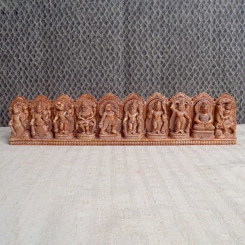 Handcrafted wooden Dasavatharam wall decor featuring the ten avatars of Lord Vishnu, intricately carved and painted, ideal for spiritual and aesthetic home decoration. Indiaβs Largest Pooja Accessories Brand - www.satvikstore.in