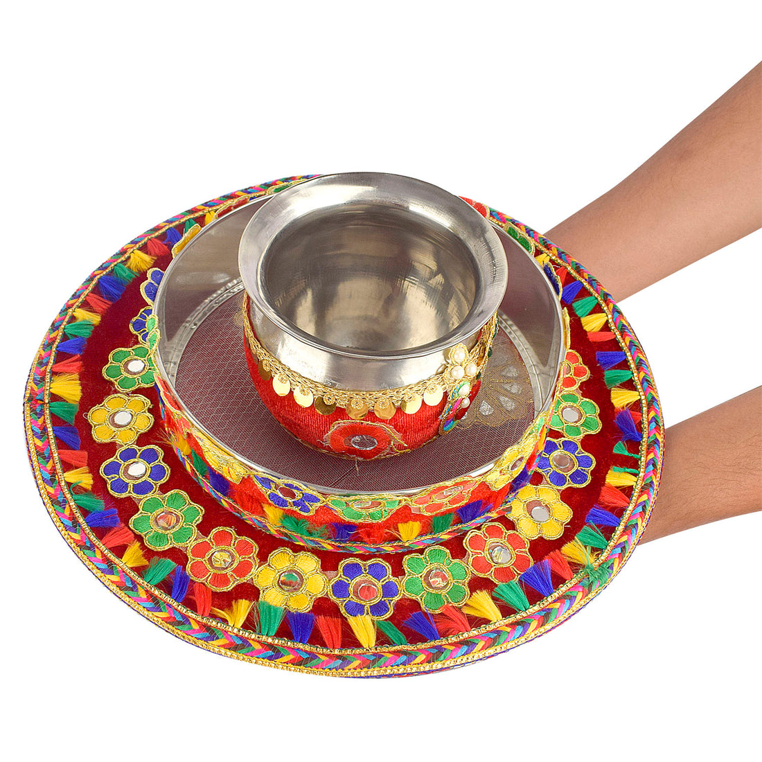 3 Pcs Karwa Chauth Handmade Floral Thali Set