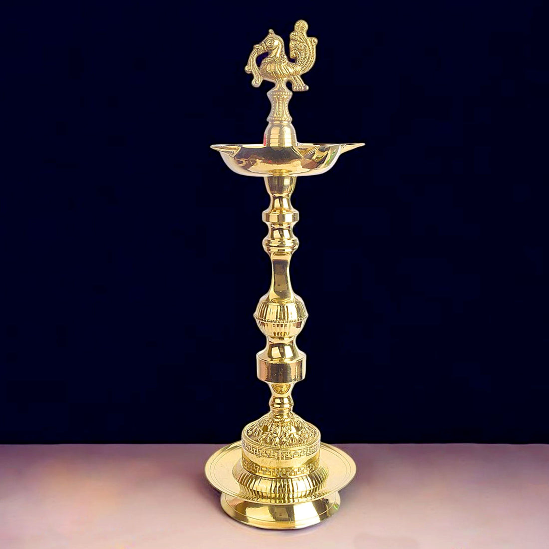 19 Inch 1 Step Embossed Peacock Kerala Stand Deepam