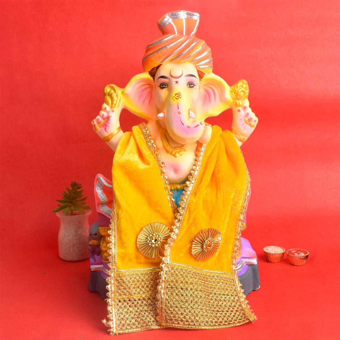Designer Yellow Velvet Ganpati Idol Patka with Zig-Zag Border