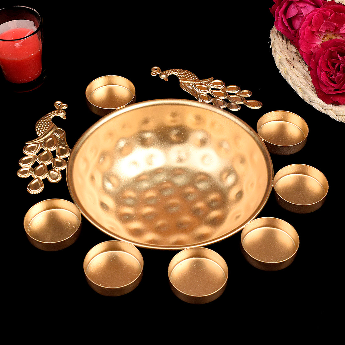 Decorative Brass Peacock Flower Urli with Tea Light