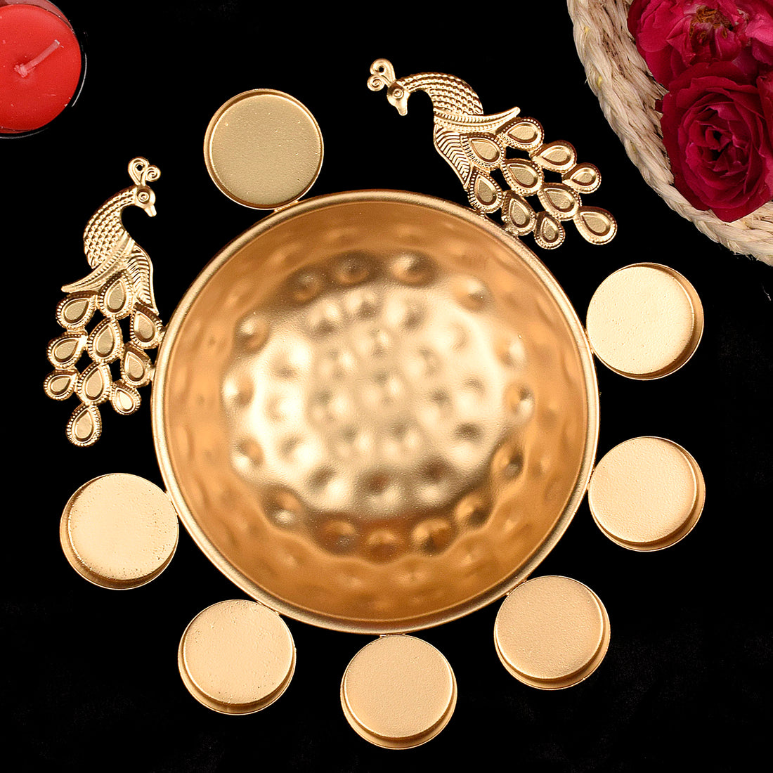 Decorative Brass Peacock Flower Urli with Tea Light