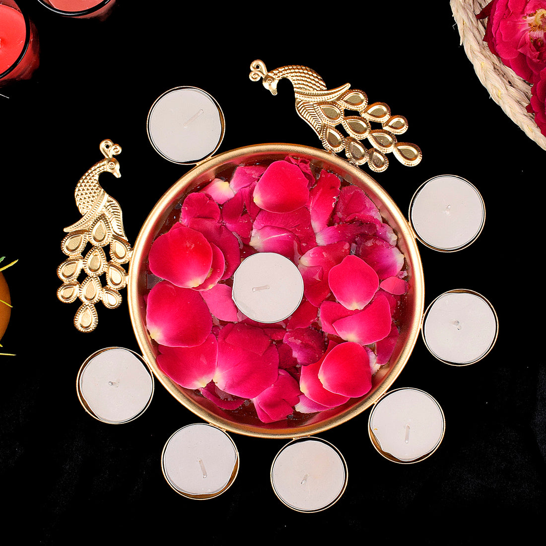 Decorative Brass Peacock Flower Urli with Tea Light