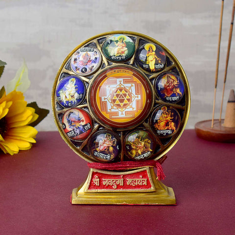 Brass Shri Navdurga Maha Yantra engraved with the nine divine forms of Maa Durgaβcrafted to channel protection, strength, and spiritual power into your home or sacred space. Indiaβs Largest Pooja Accessories Brand - www.satvikstore.in