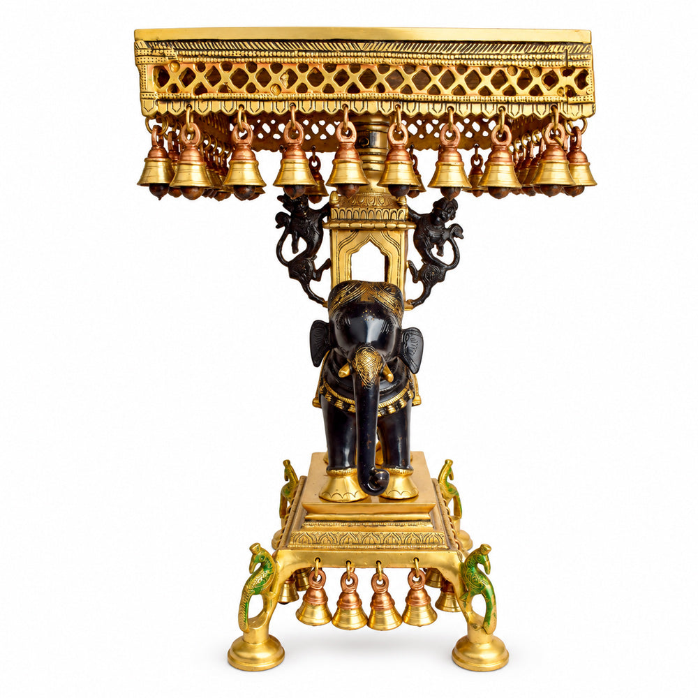 23 Inch Brass Chowki on Elephant with Hanging Bells – Exquisite Decorative Piece