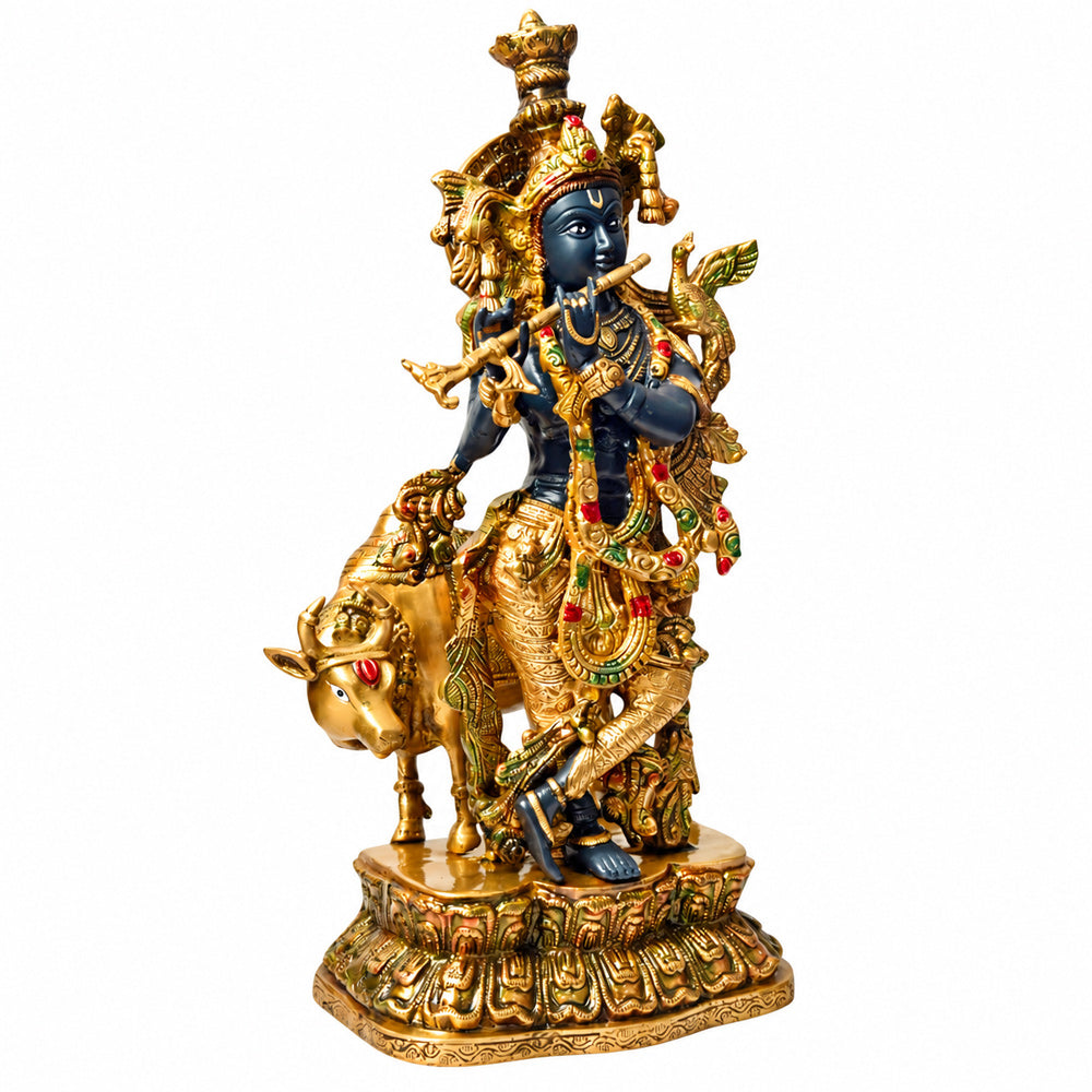 17 Inch Brass Krishna Statue with Cow