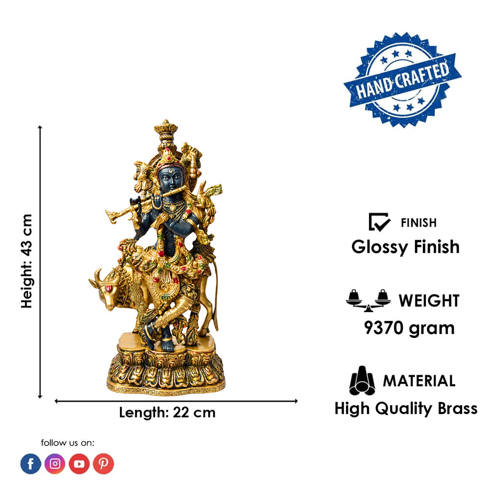 17 Inch Brass Krishna Statue with Cow