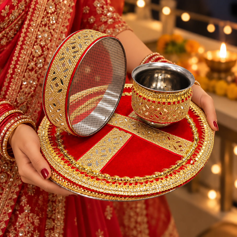 Designer Red Velvet Fabric Karwa Chauth Thali 3 Pcs Set