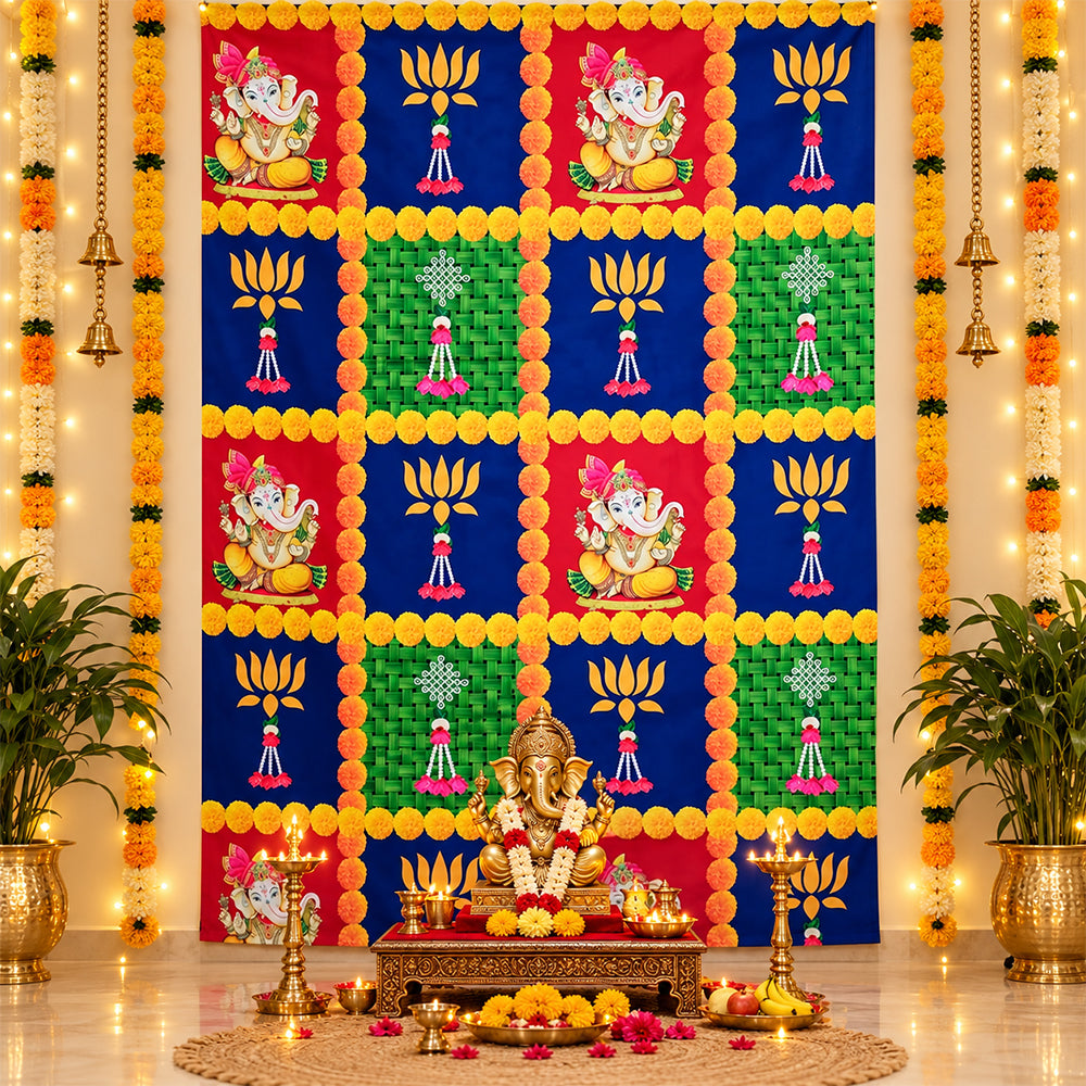 Multicolor Backdrop Clothes Print Ganesh Flower Design