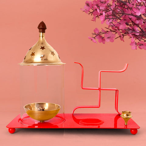 Large red brass and metal Swastik chimney diya tray with integrated incense holder, ideal for temple rituals and festive home decor. Indiaβs Largest Pooja Accessories Brand β www.satvikstore.in