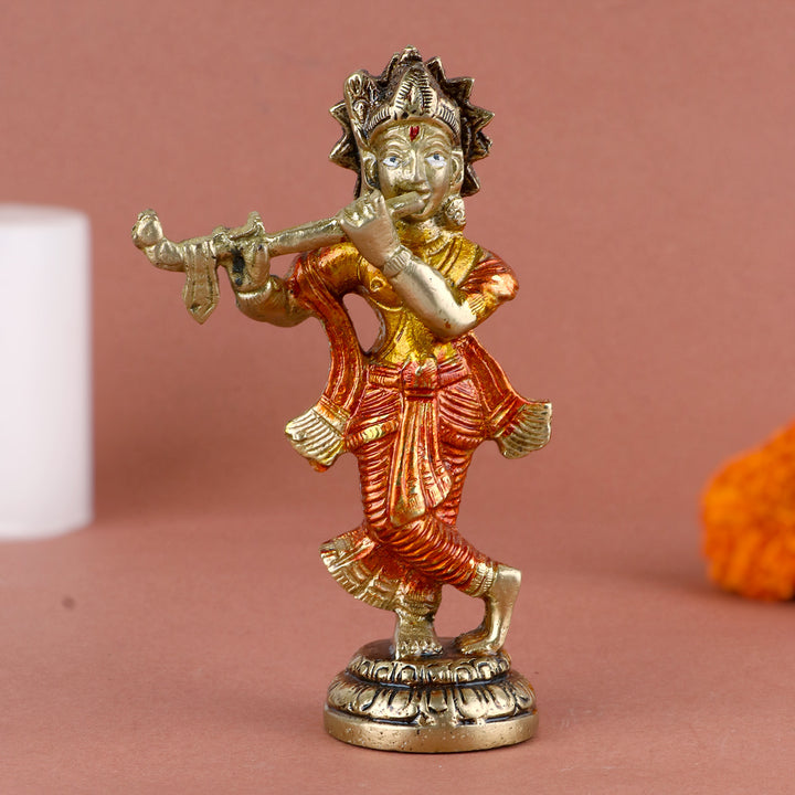 4.6 Inch Colorful Brass Krishna Idol β Vibrant Lord Krishna Statue for Home Temple, Janmashtami Decor, and Gifting. No.1 Brass Idol Store www.satvikstore.in
