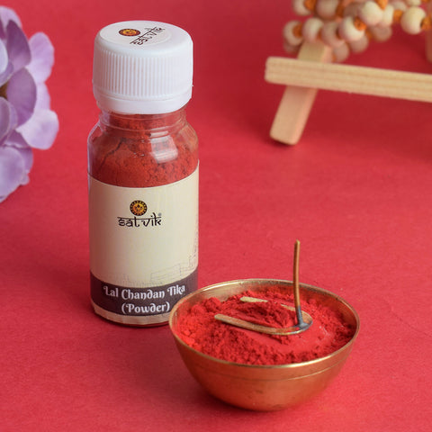 Red Chandan Tika Powder (Lal Tilak) is traditionally used in Hindu rituals and ceremonies to invoke divine blessings. It represents energy, strength, and protection, and is applied on the forehead during pooja – India’s Largest Pooja Accessories Brand – www.satvikstore.in