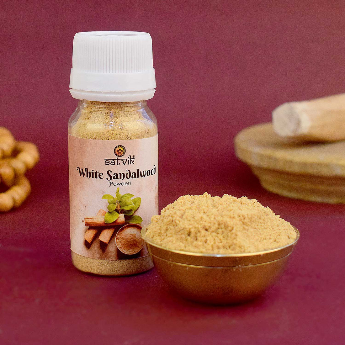 kjh100% Original Mysore Malyagiri White Chandan Sandalwood Powder in a premium container for pooja and spiritual use.India’s Largest Pooja Accessories Brand – www.satvikstore.in