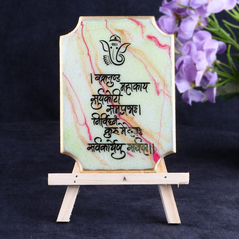 Decorative Ganesha Mantra Frame with Stand made from Epoxy Resin in Green, featuring a sacred Ganesha design and divine mantra, perfect for spiritual decor. Indiaβs Largest Pooja Accessories Brand β www.satvikstore.in