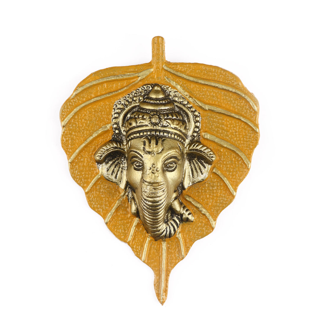1 Pc Lord Ganesh Face on Leaf Patta Wall Hanging Yellow