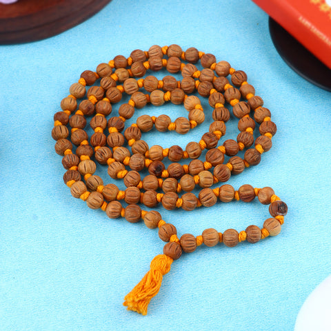 Regular Cut Design Sandalwood (Chandan) Jap Mala featuring uniquely carved fragrant beads, perfect for spiritual chanting, meditation, and daily prayer. Indiaβs Premium Jap Mala Store- www.satvikstore.in
