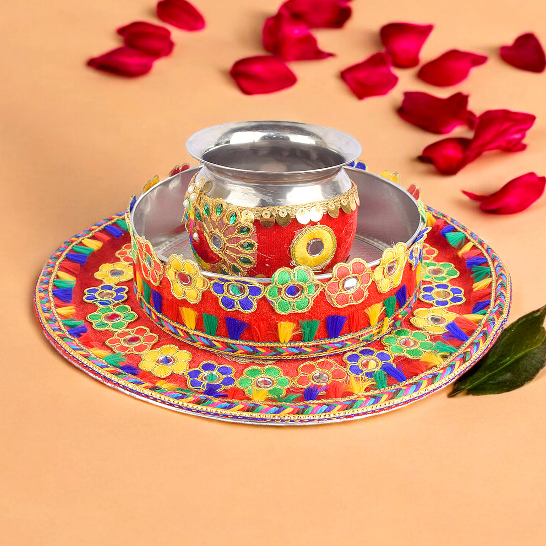 3 Pcs Karwa Chauth Handmade Floral Thali Set