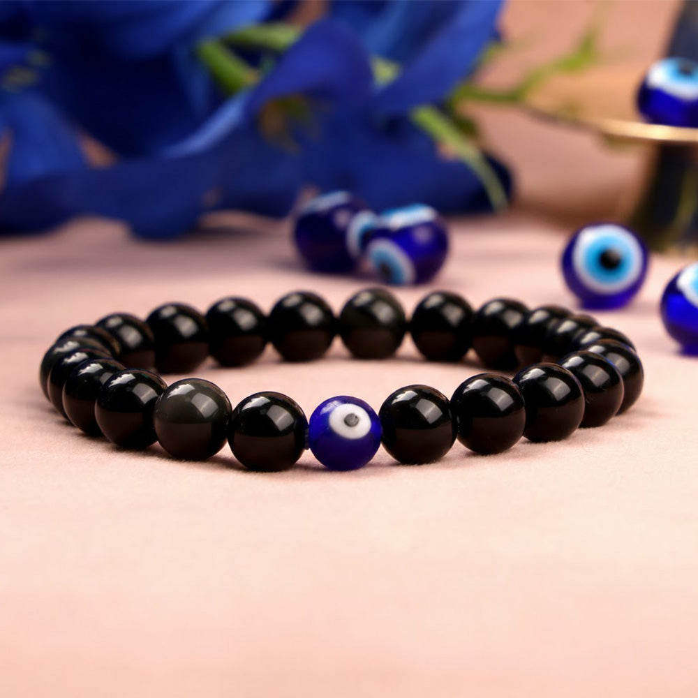 Citrine & Black Obsidian Evil Eye Bracelet Combo with Hare Krishna Hare Rama Pendant