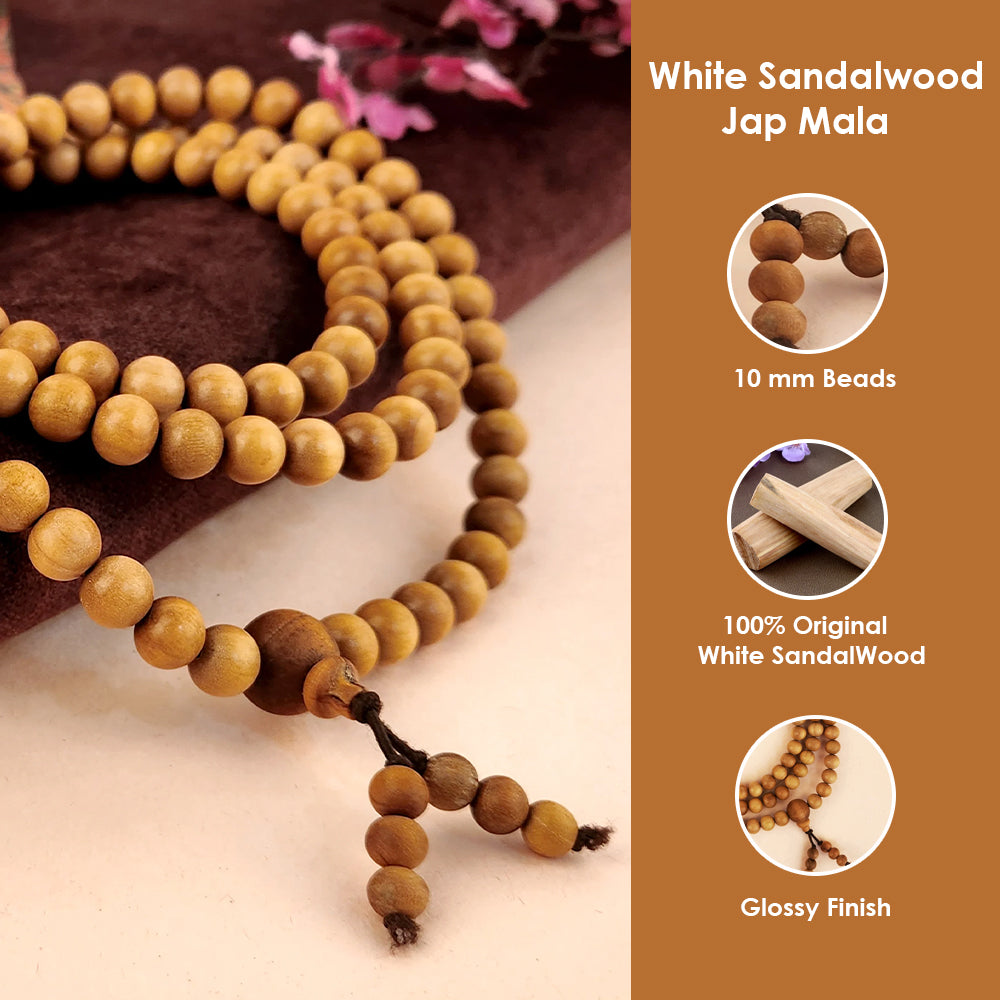 Certified 10mm 100% Original Authentic Mysore White Sandalwood (Chandan) Jap Mala