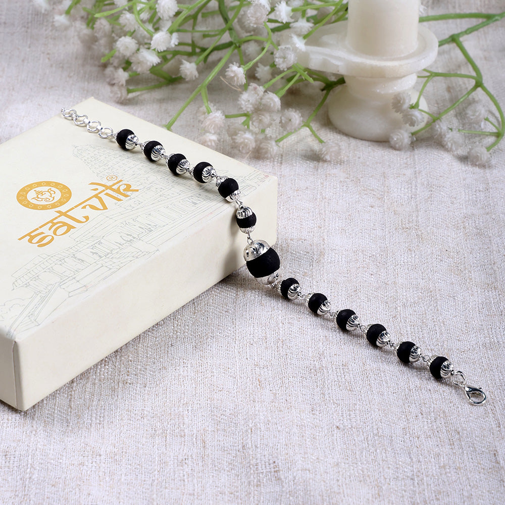 8mm Silver Plated Karungali Bracelet with Big Bead Govt Certified