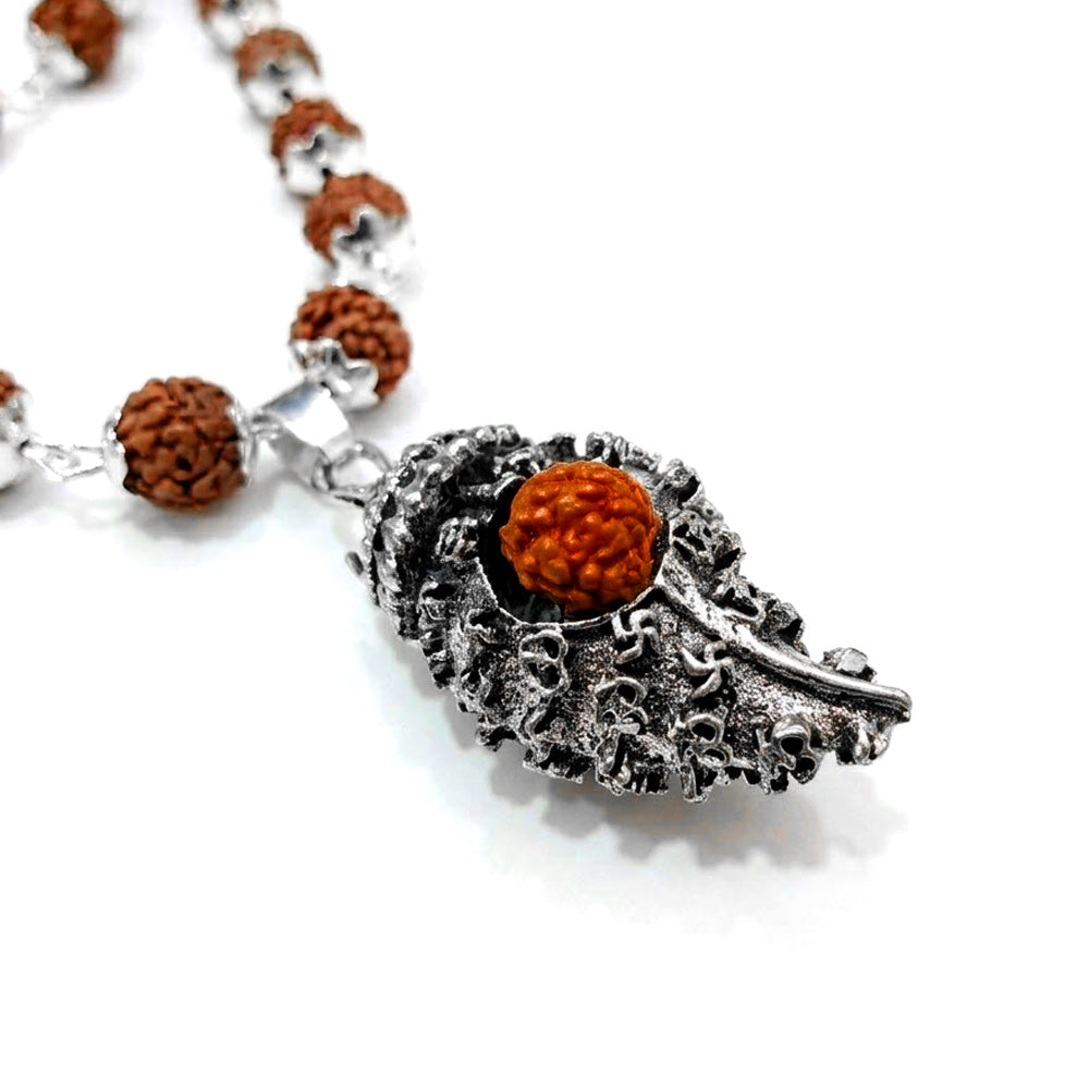 5 Mukhi Rudraksha Mala with Silver-Toned Sumeru Pendant
