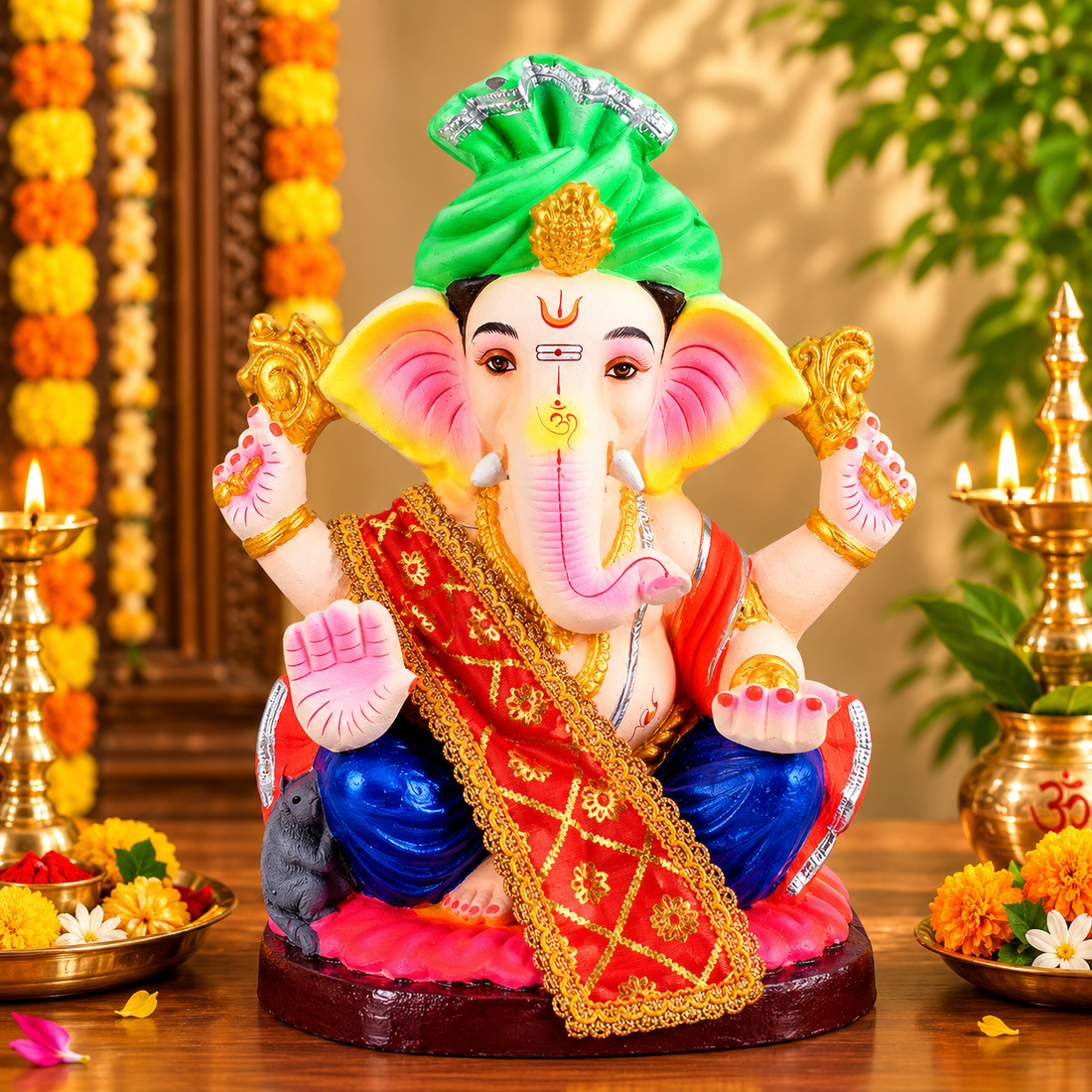 Red Printed Ganpati Idol Patka with Lace Border - 13 Inch