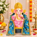 Traditional Blue Brocade Silk Ganpati Idol Patka - 22 Inch