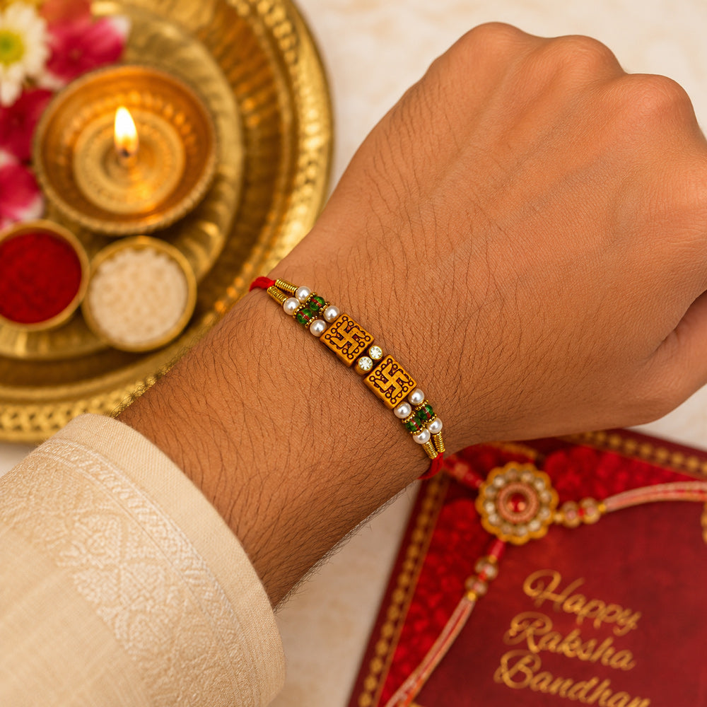 Twin Swastik Gold Finish Double Line Thread Rakhi