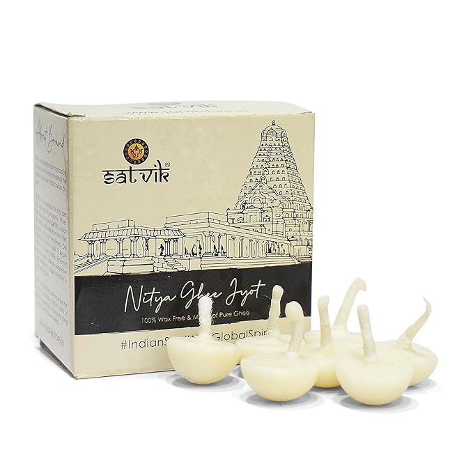 Set of 30 Pure Ghee Diya Wicks (Wax Free), perfect for daily aarti and spiritual rituals. Natural, handmade, and eco-friendly for a clean and sacred flame. India’s Largest Pooja Accessories Brand – www.satvikstore.in