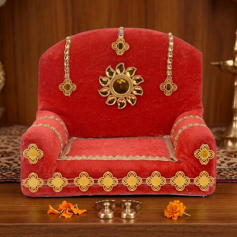 Elegant Handmade Red Velvet Laddu Gopal Singhasan - Small