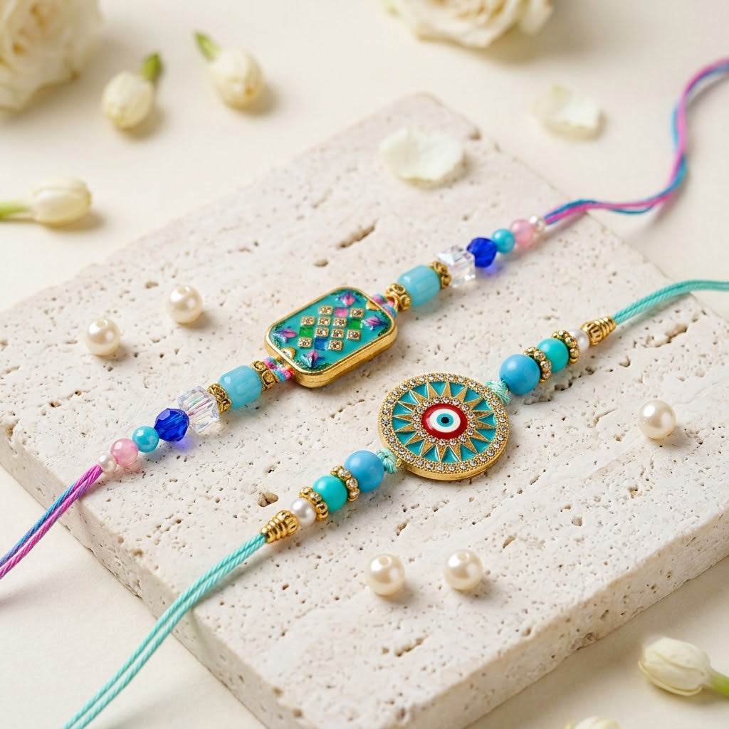 Turquoise Evil Eye and Meenakari Designer Rakhi (Set of 2)