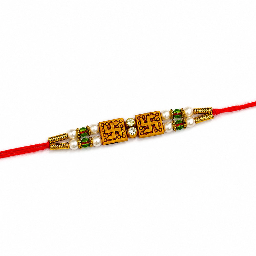 Twin Swastik Gold Finish Double Line Thread Rakhi