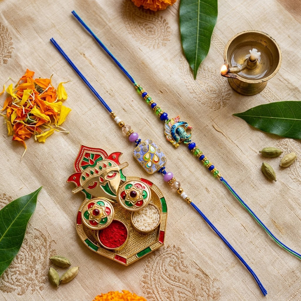 Royal Meenakari Peacock and Kundan Designer Rakhi (Set of 2)