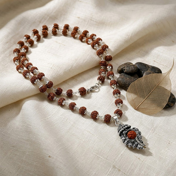 5 Mukhi Rudraksha Mala with Silver-Toned Sumeru Pendant