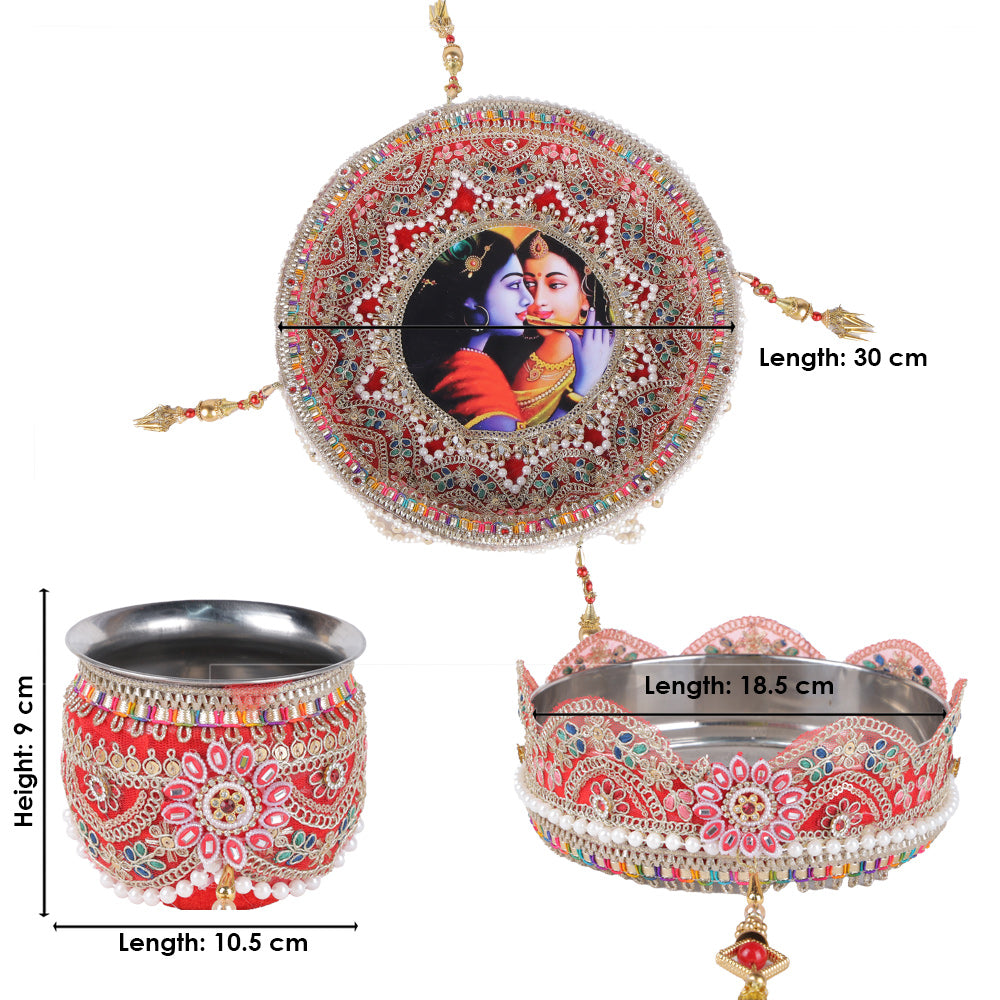 11 Pc Decorative Red Embroidery Karwa Chauth Thali Set