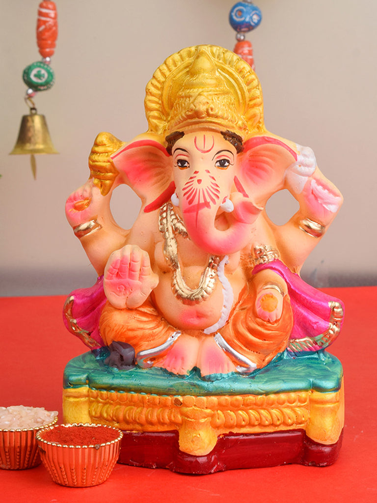 6-inch eco-friendly Ganesha idol made from natural clay and hand-painted in vibrant organic colors, ideal for small home pujas and sustainable Ganesh Chaturthi celebrations India’s Largest Pooja Accessories Brand – www.satvikstore.in